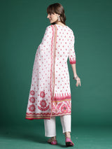 Women's Pink Embroidered Straight Kurta Trouser With Dupatta Set