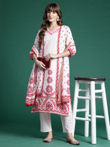 Women's Pink Embroidered Straight Kurta Trouser With Dupatta Set