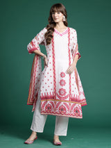 Women's Pink Embroidered Straight Kurta Trouser With Dupatta Set