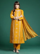 Women's Mustard Embroidered Straight Kurta Trouser With Dupatta Set