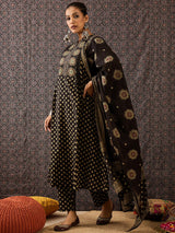 Women's Black Embroidered A-Line Kurta Trouser With Dupatta Set