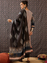 Women's Beige Printed Straight Kurta Trouser With Dupatta Set