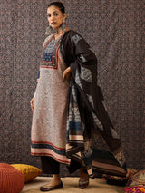 Women's Beige Printed Straight Kurta Trouser With Dupatta Set