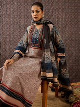 Women's Beige Printed Straight Kurta Trouser With Dupatta Set