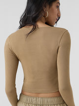 Women's Beige Casual Slim Fit Solid Full Sleeves Top