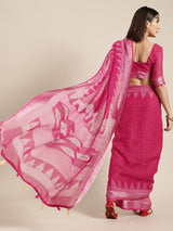 Women's Cotton Linen Pink Printed Designer Saree with Blouse Piece