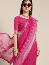 Women's Cotton Linen Pink Printed Designer Saree with Blouse Piece