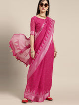 Women's Cotton Linen Pink Printed Designer Saree with Blouse Piece