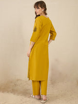 Women's Mustard Embroidered Straight Kurta Trousers Set