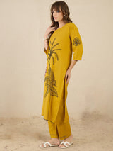 Women's Mustard Embroidered Straight Kurta Trousers Set