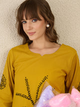 Women's Mustard Embroidered Straight Kurta Trousers Set