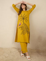 Women's Mustard Embroidered Straight Kurta Trousers Set