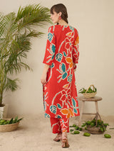 Women's Orange Printed Straight Kurta Trouser set