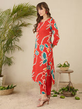 Women's Orange Printed Straight Kurta Trouser set