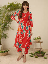 Women's Orange Printed Straight Kurta Trouser set
