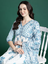Women's White Printed A-Line Kurta Trouser With Dupatta Set