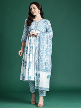 Women's White Printed A-Line Kurta Trouser With Dupatta Set