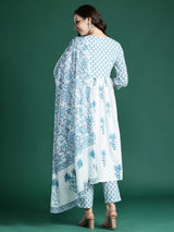 Women's White Printed A-Line Kurta Trouser With Dupatta Set