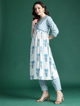 Women's White Printed A-Line Kurta Trouser With Dupatta Set