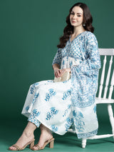 Women's White Printed A-Line Kurta Trouser With Dupatta Set