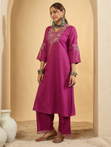 Women's Burgundy Embroidered Straight Kurta Trouser Set