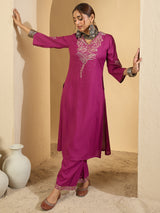 Women's Burgundy Embroidered Straight Kurta Trouser Set