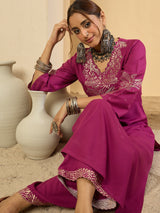 Women's Burgundy Embroidered Straight Kurta Trouser Set