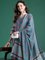 Women's Blue Printed Straight Kurta Trouser With Dupatta Set