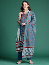 Women's Blue Printed Straight Kurta Trouser With Dupatta Set