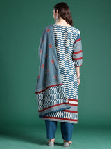 Women's Blue Printed Straight Kurta Trouser With Dupatta Set