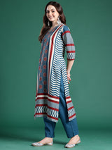 Women's Blue Printed Straight Kurta Trouser With Dupatta Set