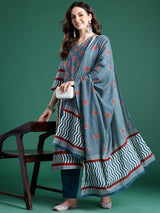 Women's Blue Printed Straight Kurta Trouser With Dupatta Set