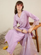 Women's Lavender Embroidered Straight Kurta Trouser With Dupatta set