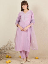 Women's Lavender Embroidered Straight Kurta Trouser With Dupatta set