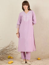 Women's Lavender Embroidered Straight Kurta Trouser With Dupatta set