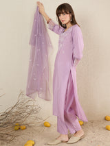 Women's Lavender Embroidered Straight Kurta Trouser With Dupatta set
