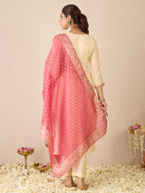 Women's Cream Embroidered Straight Kurta Trouser With Dupatta Set