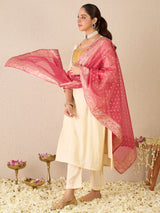 Women's Cream Embroidered Straight Kurta Trouser With Dupatta Set