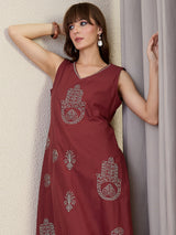 Women's Maroon Embroidered A-Line Kurta Palazzos Set
