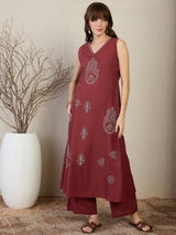 Women's Maroon Embroidered A-Line Kurta Palazzos Set