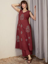 Women's Maroon Embroidered A-Line Kurta Palazzos Set