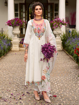 Women's Off White Embroidered Anarkali Kurta Pant With Dupatta Set