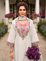 Women's Off White Embroidered Anarkali Kurta Pant With Dupatta Set