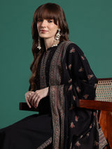 Women's Black Printed Straight Kurta Trouser With Dupatta set
