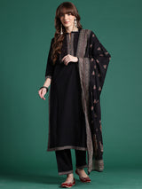 Women's Black Printed Straight Kurta Trouser With Dupatta set