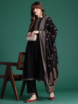 Women's Black Printed Straight Kurta Trouser With Dupatta set