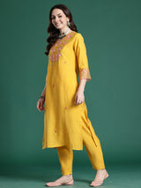 Women's Mustard Solid Straight Kurta Trouser With Dupatta set