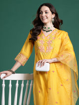 Women's Mustard Solid Straight Kurta Trouser With Dupatta set