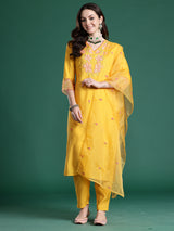 Women's Mustard Solid Straight Kurta Trouser With Dupatta set