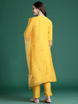 Women's Mustard Solid Straight Kurta Trouser With Dupatta set